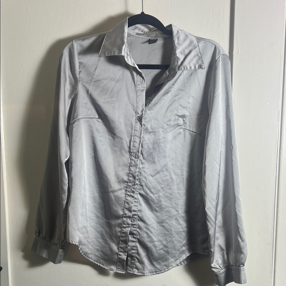 Women's Silver Button Down Satin Shirt